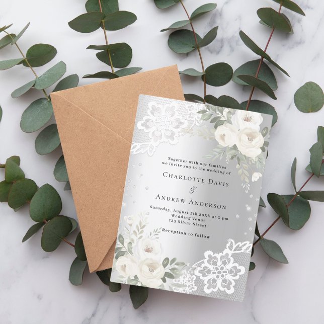 Invitación Boda de diamantes de flores blancas plateadas (Subido por el creador)