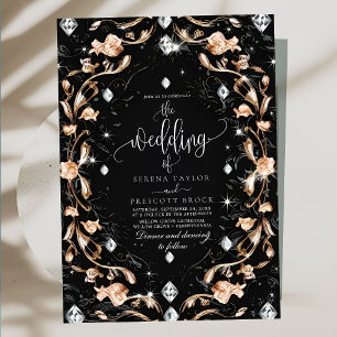 Invitación Boda de diamantes florales de lujo negro