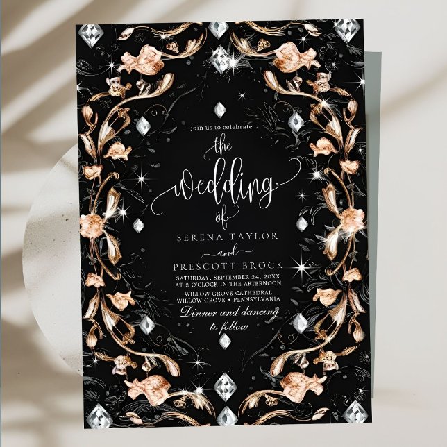 Invitación Boda de diamantes florales de lujo negro (Subido por el creador)