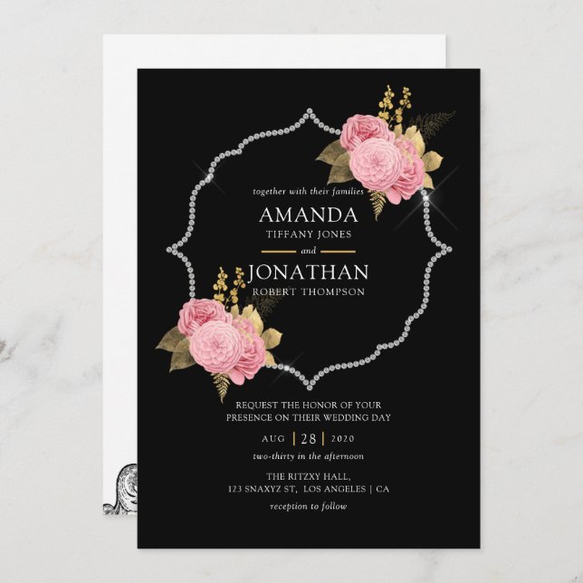 Invitación Boda de diamantes florales Rubor y Gold y Silver (Anverso / Reverso)
