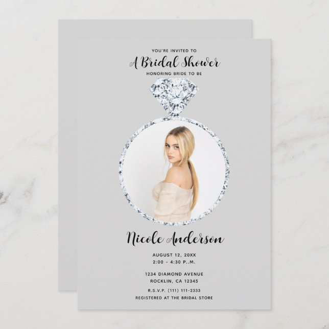 Invitación Boda de diamantes grises Bling Ring Brillante Show (Anverso / Reverso)