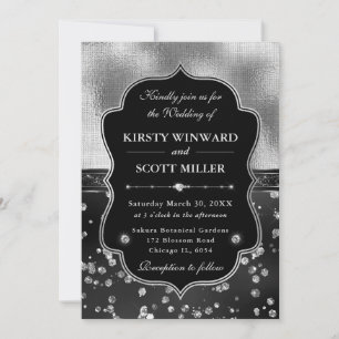 Invitación Boda de Diamantes Negro y Plata Elegantes