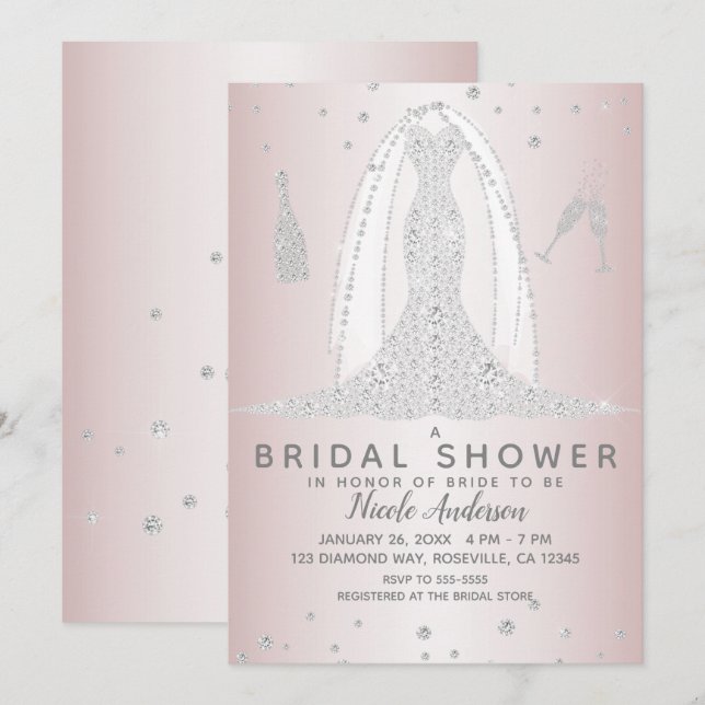 Invitación Boda de diamantes rosa de Rubor Vestido ducha de n (Anverso / Reverso)