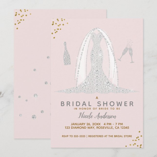 Invitación Boda de diamantes rosa y dorado vestido con ducha  (Anverso / Reverso)