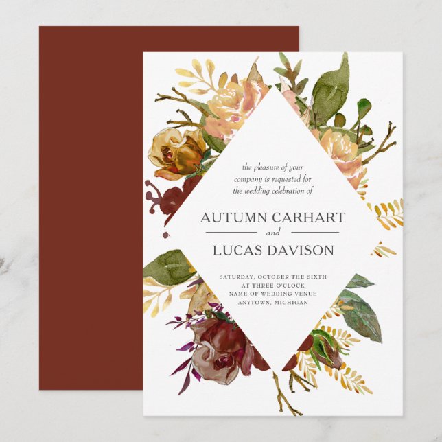 Invitación Boda de Diamantes Rustic Floral de Otoño Garden (Anverso / Reverso)