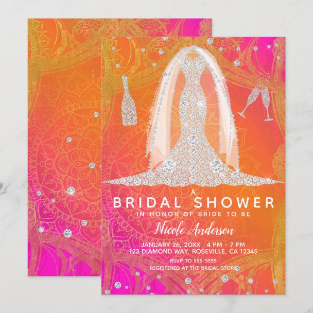 Invitación Boda de diamantes vestido con ducha de novia brill (Anverso / Reverso)