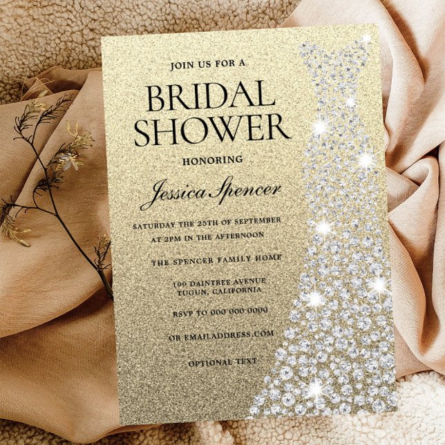 Invitación Boda de diamantes Vestido Purpurina de oro Ducha d (Subido por el creador)