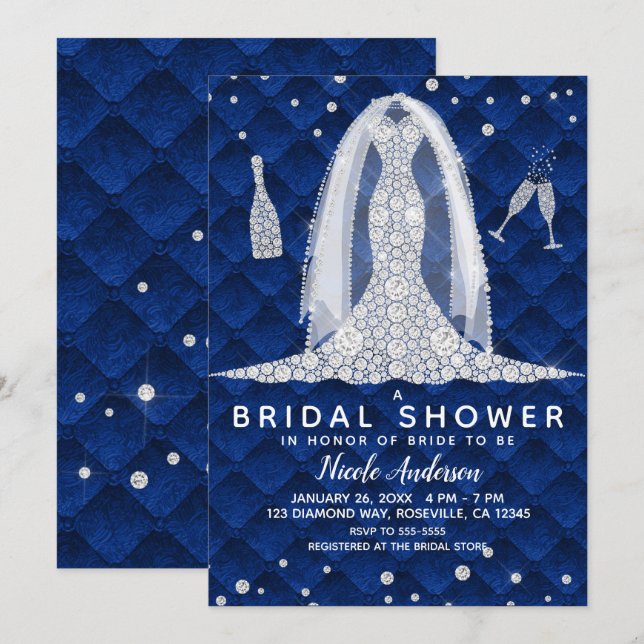 Invitación Boda de diamantes Vestido Royal Blue Bridal Shower (Anverso / Reverso)