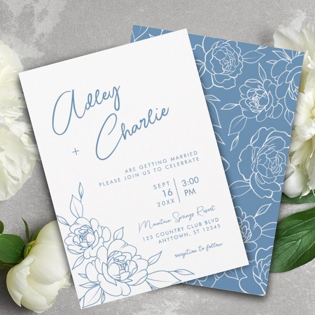 Invitación Boda de dibujo de la línea botánica azul y blanca  (Subido por el creador)