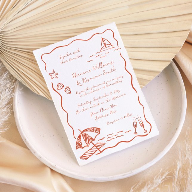 Invitación Boda de dibujo de la mano de Fun Beach Red Whimsic (Subido por el creador)