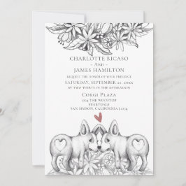 Invitación Boda de dibujo de lápiz de perro de Corgi corto