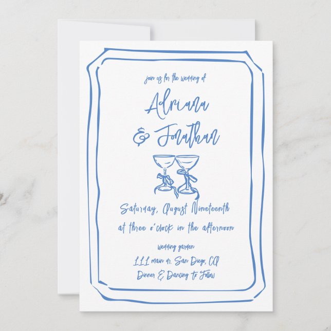 Invitación Boda de dibujo de mano azul y blanco mínimo (Anverso)