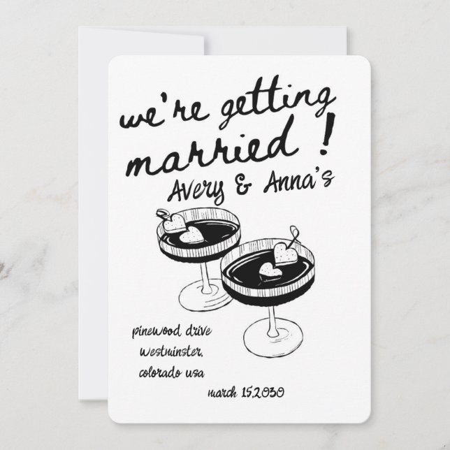 Invitación boda de dibujo de mano negra (Anverso)