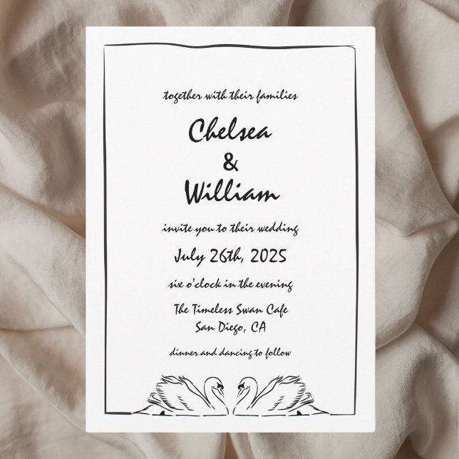 Invitación Boda de dibujo de Swan manuscrito sin tiempo simpl (Subido por el creador)