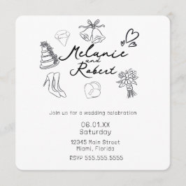 Invitación Boda de dibujos animados caprichosos en blanco y n