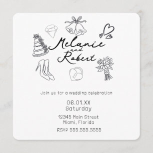 Invitación Boda de dibujos animados caprichosos en blanco y n