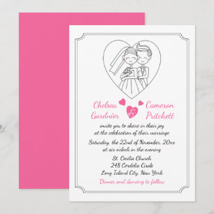 Invitación Boda de Dibujos Animados Rosa Fucsia y Blanco Novi