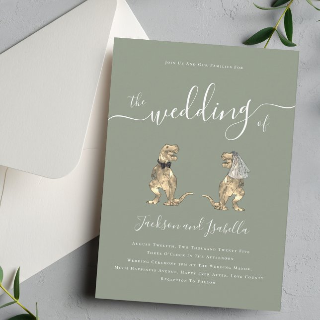 Invitación Boda de dinosaurios boho verde salvia (Whimsical boho Dinosaur T-Rex bride and groom elegant sage green wedding invitation )
