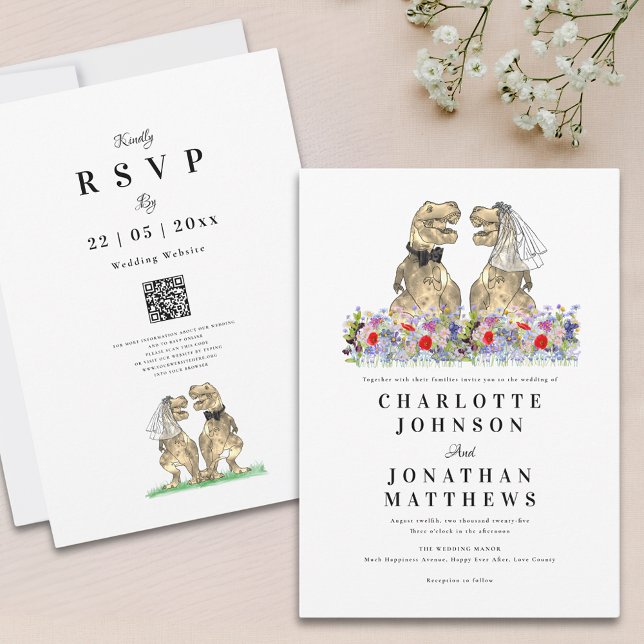 Invitación Boda de Dinosaurios Boho Wildflower (Wildflower dinosaur wedding invitation with qr code and watercolor summer and spring florals)