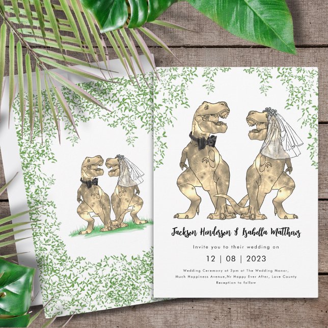 Invitación Boda de dinosaurios T-Rex Bride y Groom (T-Rex bride and groom dinosaur wedding invitation)