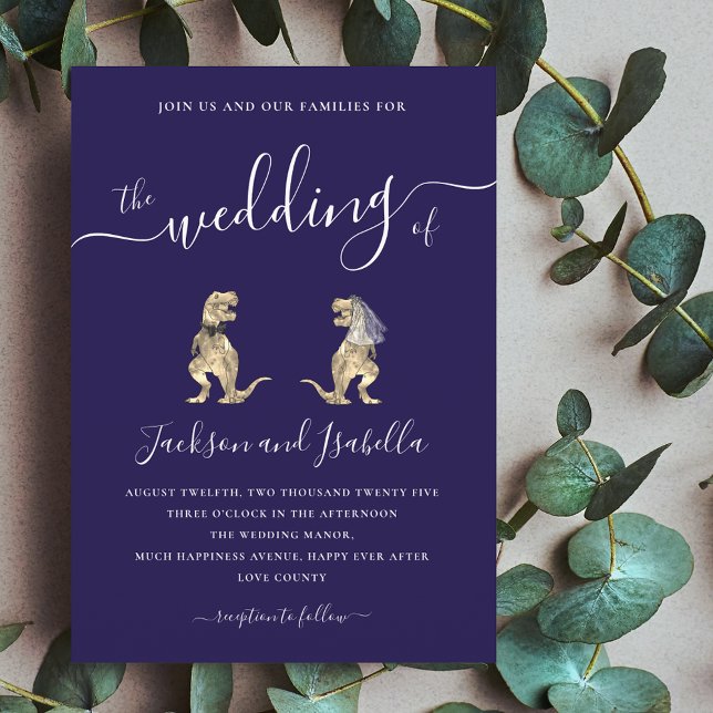 Invitación Boda de dinosaurios T-Rex Bride y Groom (Dinosaur wedding t-Rex bride and groom navy blue and elegant white script wedding invitation )