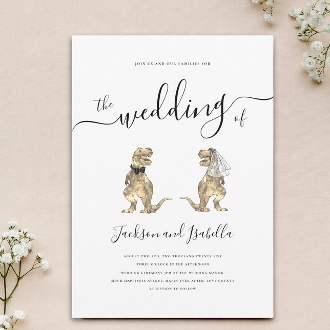 Invitación Boda de dinosaurios T-Rex Bride y Groom (Minimalist stylish Dinosaur theme wedding invitation with elegant script and T-Rex bride and groom)