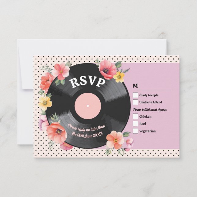 Invitación Boda de discos de música Boda RSVP Floral de los a (Anverso)
