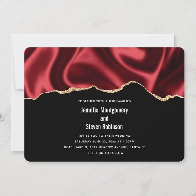 Invitación Boda de diseño abstracto de satén de lazo rojo osc (Anverso)