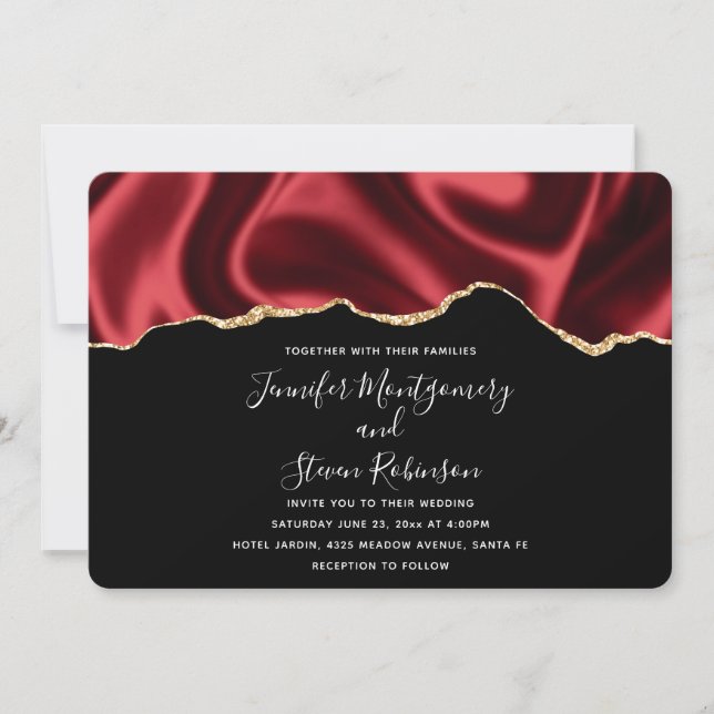 Invitación Boda de diseño abstracto de satén de lazo rojo osc (Anverso)