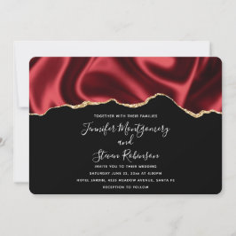 Invitación Boda de diseño abstracto de satén de lazo rojo osc