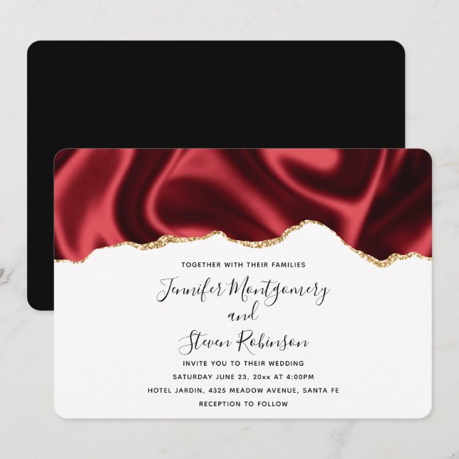 Invitación Boda de diseño abstracto de satén de lazo rojo osc (Anverso / Reverso)