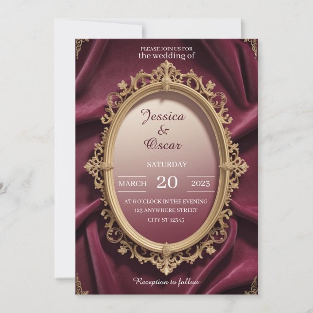 Invitación Boda de diseño barroco de lujo de Borgoña y Oro (Anverso)