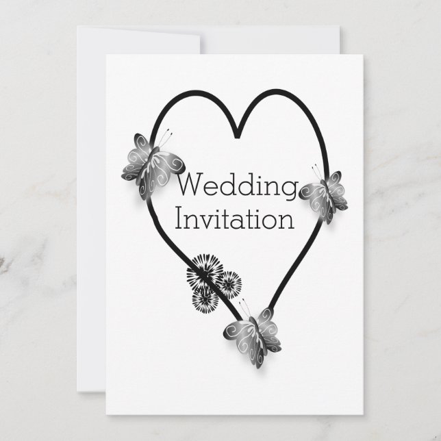 Invitación Boda De Diseño Cardíaco De Mariposa Blanca Y Negra (Anverso)