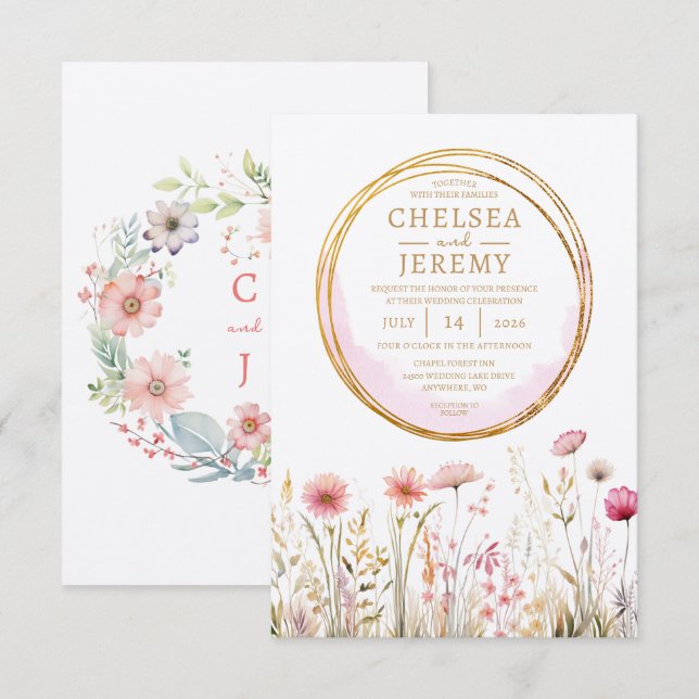 Invitación Boda de diseño de acuarela de flores silvestres br (Anverso / Reverso)