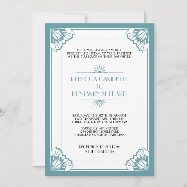 Invitación Boda de diseño de arte geométrico azul de la era d (Anverso)
