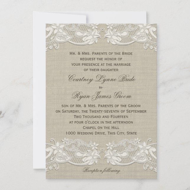 Invitación Boda de diseño de encaje floral del país (Anverso)