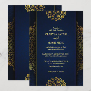Invitación Boda de diseño de flores doradas azules de moda el