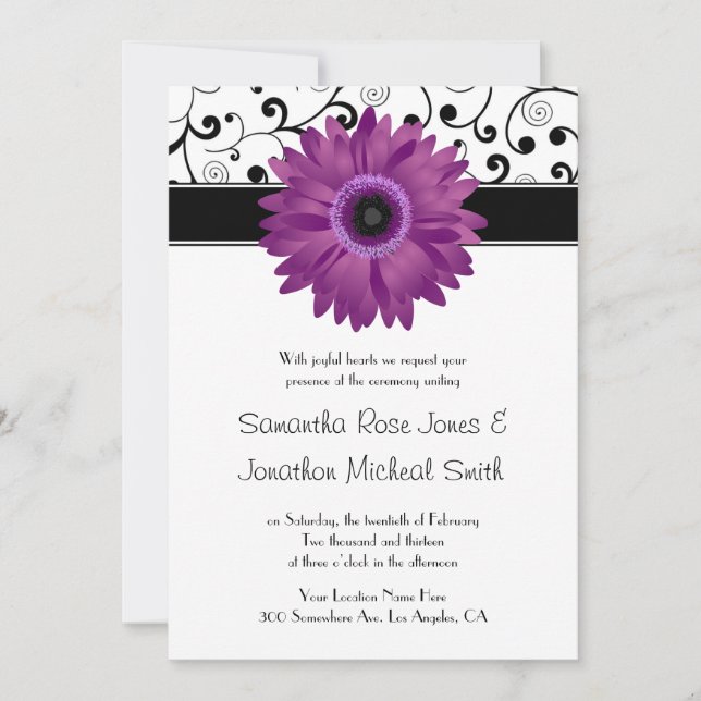 Invitación Boda de diseño de pergamino negro morado Gerbera D (Anverso)