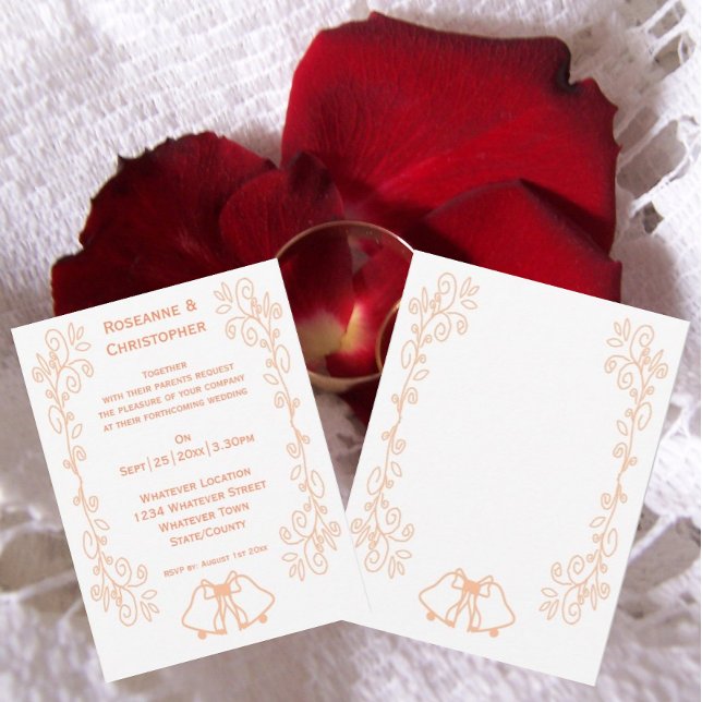 Invitación Boda de diseño de pergaminos de pergamino (Peach wedding invitation bells and scrollwork design)