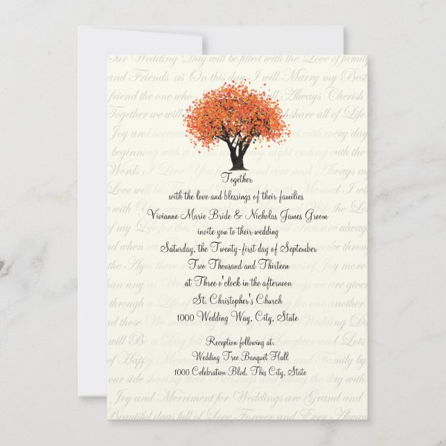 Invitación Boda de diseño de texto y florecimiento de árboles (Anverso)