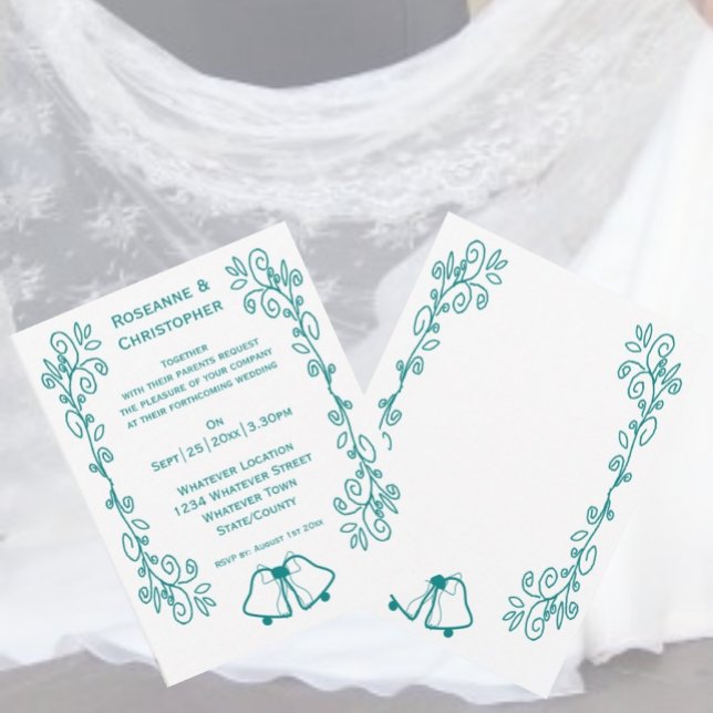 Invitación Boda de diseño de trabajo de Bells verde azuladas (Teal bells scrollwork wedding invite)