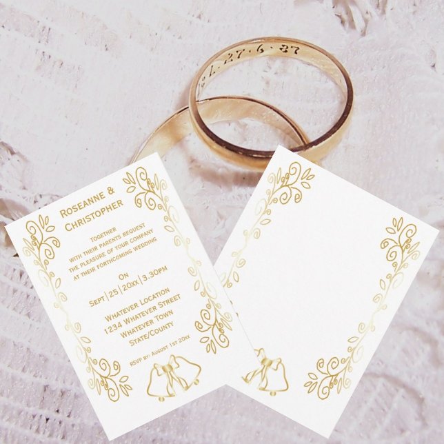 Invitación Boda de diseño de trabajo de gamas de oro (Gold bells scrollwork wedding invite)