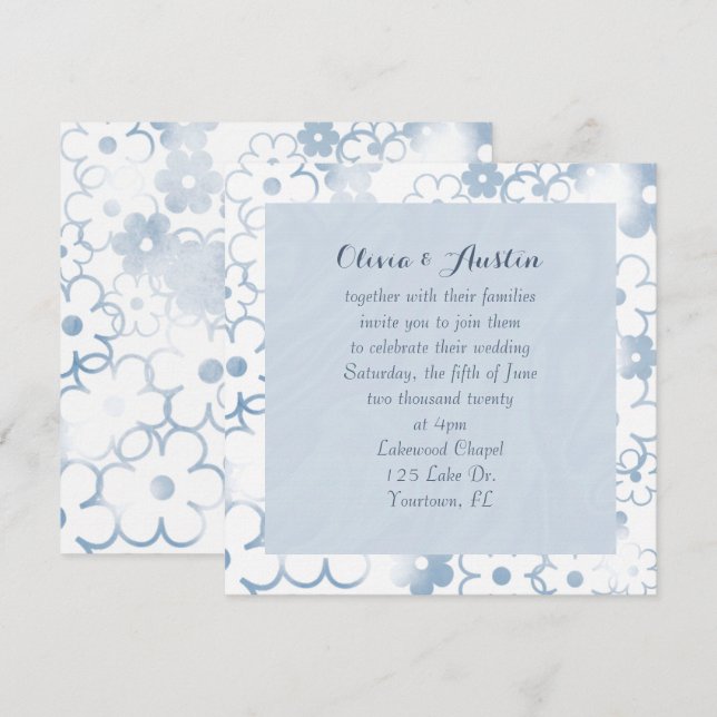 Invitación Boda de diseño floral azul contemporáneo (Anverso / Reverso)