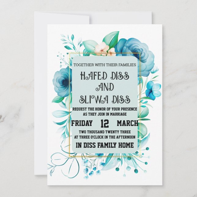 Invitación Boda de diseño floral azul de la Marina (Anverso)