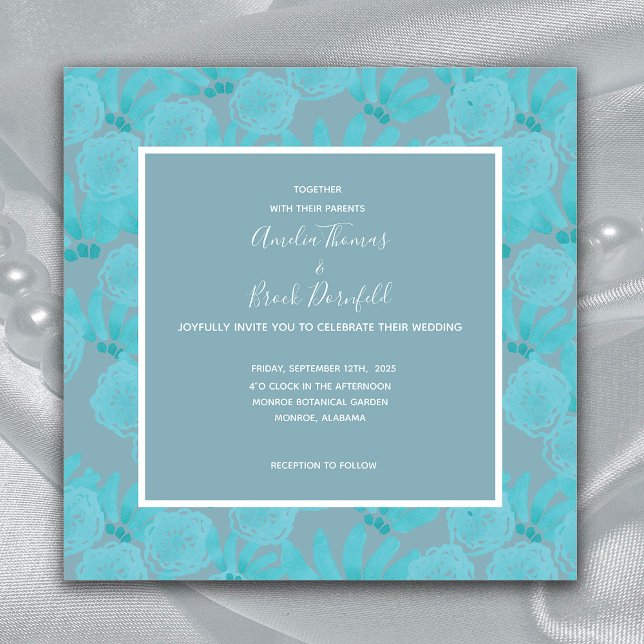Invitación Boda de diseño floral azul Verde azulado de acuare (Subido por el creador)
