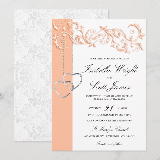 Invitación Boda de diseño floral de Peach (Anverso / Reverso)