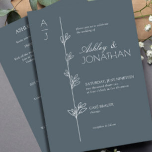 Invitación Boda de divisor botánico moderno todo en uno azul