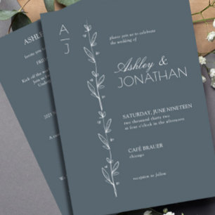 Invitación Boda de divisor botánico moderno todo en uno azul
