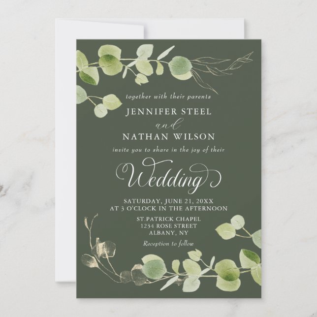 Invitación Boda de doble cara con elegante vegetación de euca (Anverso)