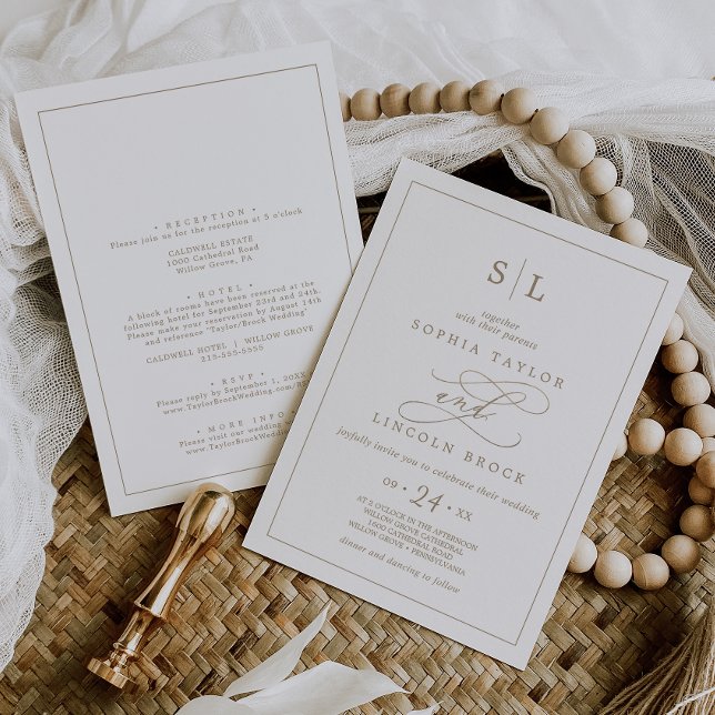 Invitación Boda de doble cara de monograma dorado romántico (Subido por el creador)